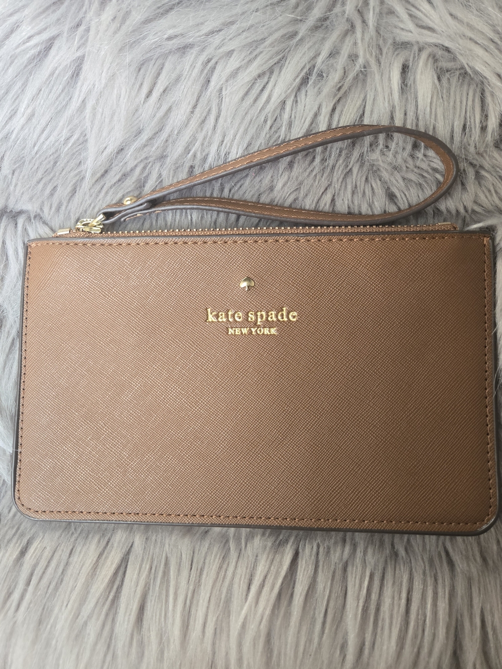 kate spade Tan Saffiano Leather Wristlet with Gold Logo